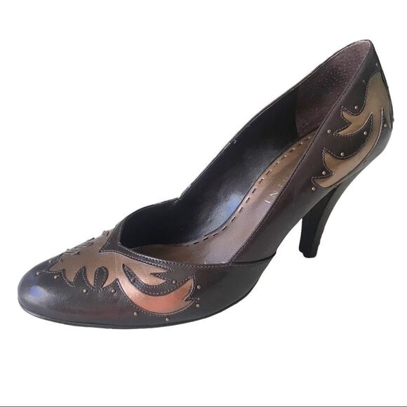 GIANNI BINI Leather Cowgirl Studded Heels Pumps Western Brown Copper Size 9 - Picture 1 of 12